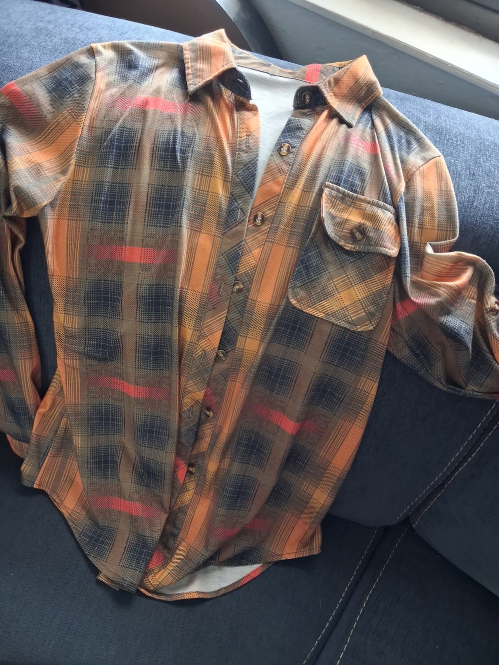 Casual Plaid Button-Down Shirt in Orange and Navy for Women